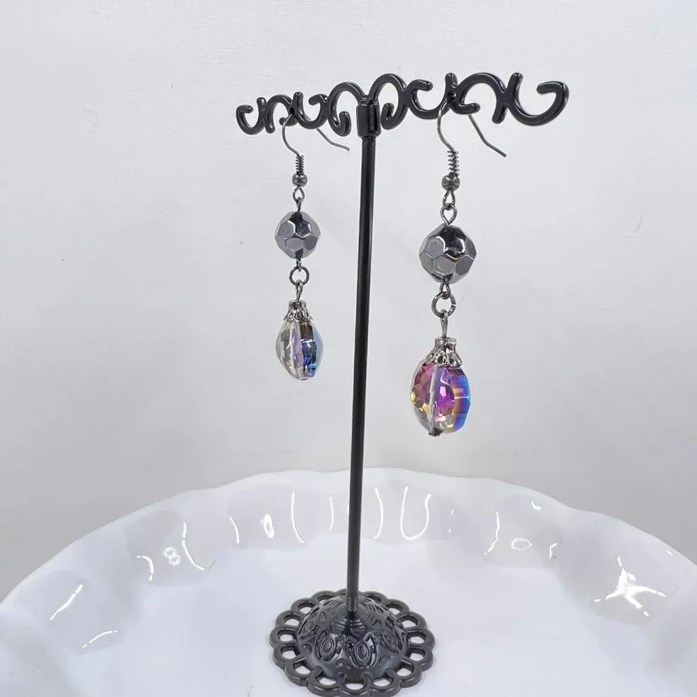 New / Handcrafted - Iridescent Faceted Crystal Drop Black Tone Fishhook Earrings - Picture 4 of 7